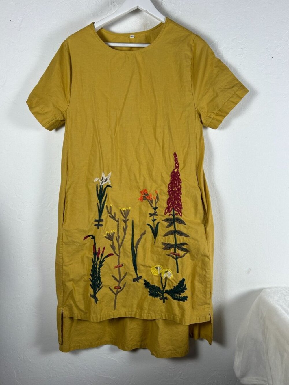 Womens Floral Embroidered Short-Sleeve Cotton Linen Shift Dress XL Yellow Artsy
